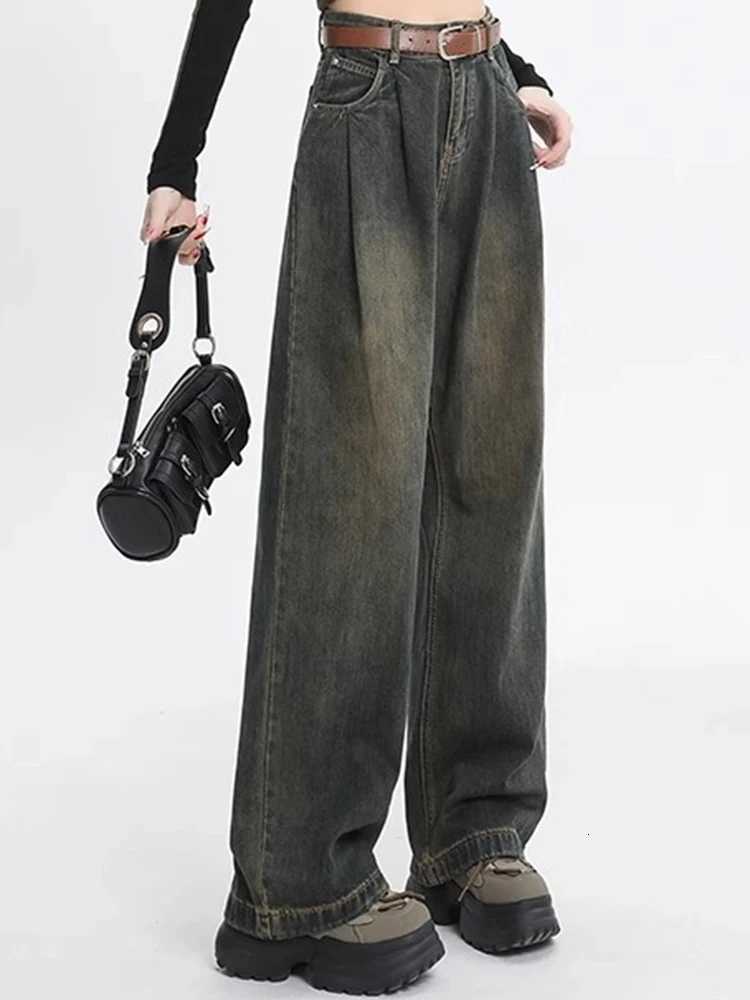 Woman High Waist Straight Leg Jeans Lady Loose Denim Wide Leg Pants Girls Korean Khaki Retro Blue Light Blue Gray White TrousersT260317