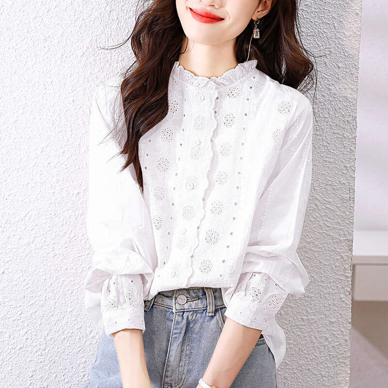 Women's Shirt 2026 Spring New Style Lace Trim Ruffle Collar Apricot Top Long Sleeve Embroidered Floral Pure Cotton Blouse
