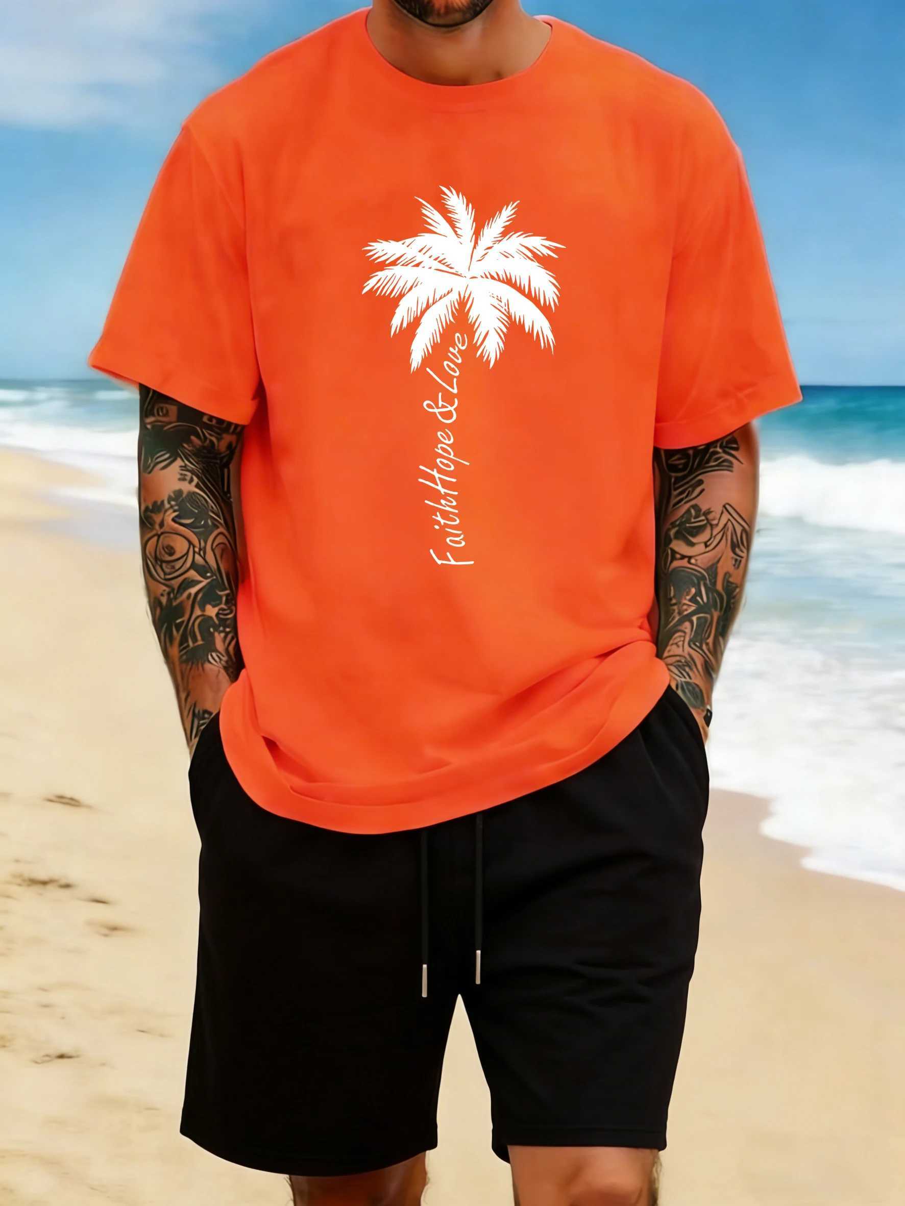 Faith Hope Love Coconut Tree Prints Men Soft Comfy T Shirts Summer O-Neck T-Shirt Loose Cotton Top Street All-Match Sportswear M260317