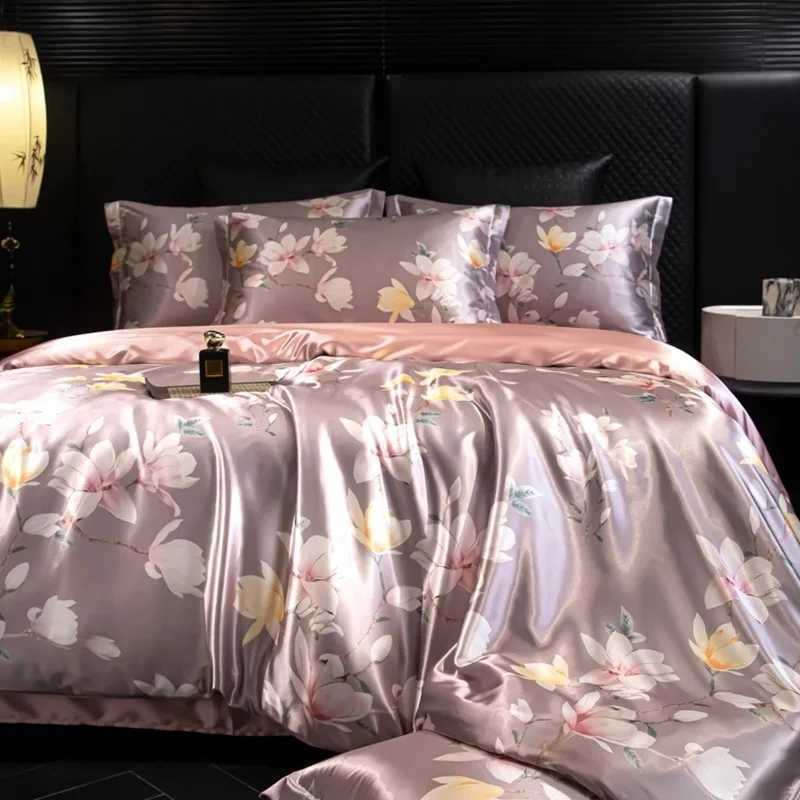 4pcs printed luxury high-end silk bedding set soft satin single double duvet cover pillowcase flat sheet or fitted sheet set D260317
