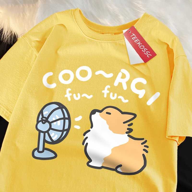Wind Blowing Corgi Dog Fun T-Shirts Men Women Brand Loose Casual Short Sleeve Summer Tshirt Soft Breathable Cotton Brand Tops M260317