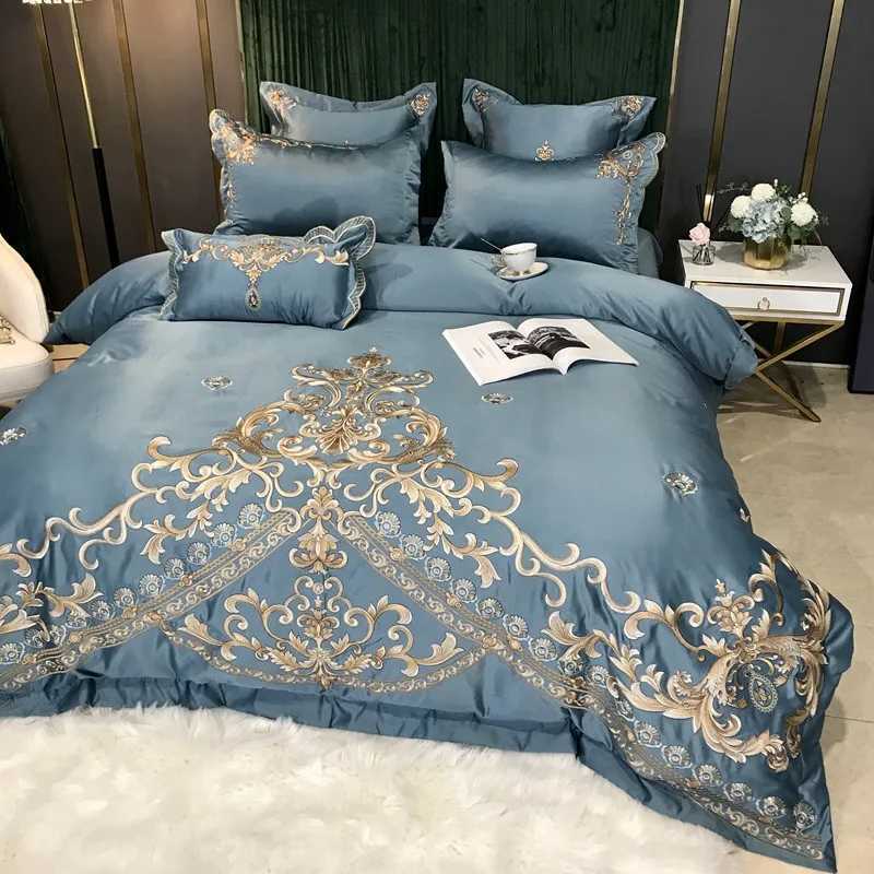 European style Egyptian 100 Cotton Bedding Set Golden Embroidery Home Textiles Duvet Sheet Pillowcases Set Full King Queen Size D260317