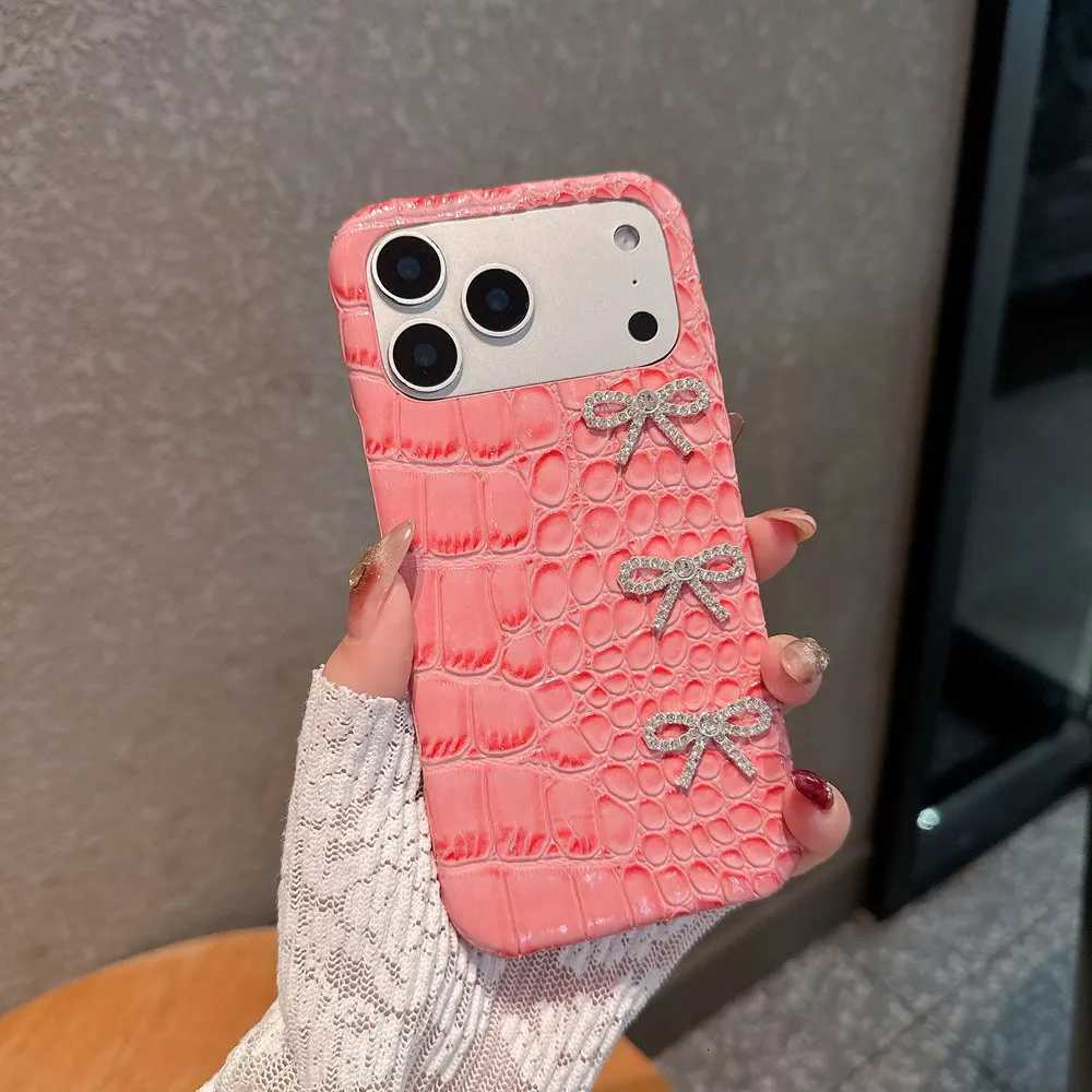 Luxury Diamond Bow Crocodile Grain Leather Phone Case For iPhone 17 11 12 13 14 15 16 Pro Max Shockproof Hard Protection Cover C260314