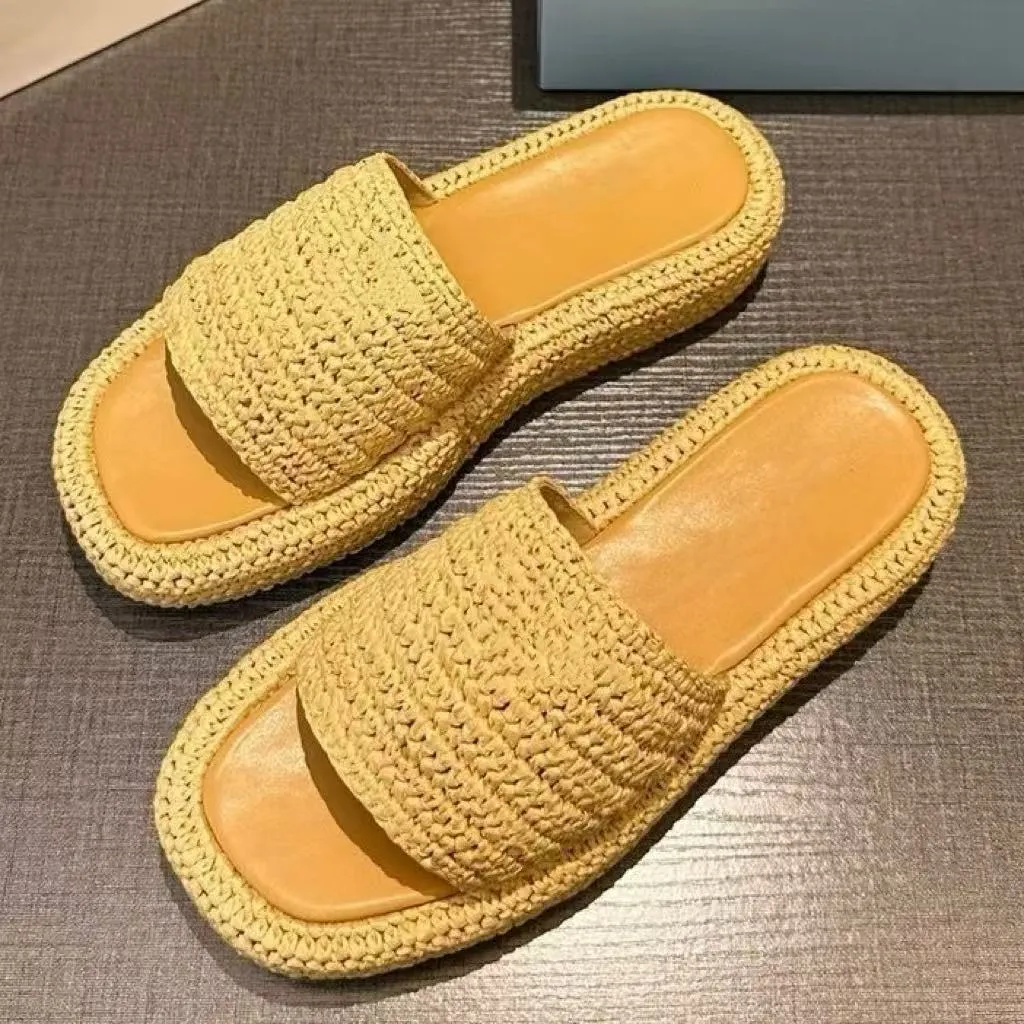 designer slippers womens summer sandals leather slippers prasandals casual shoes woven fabric sliders candy color 2026 news weave knit