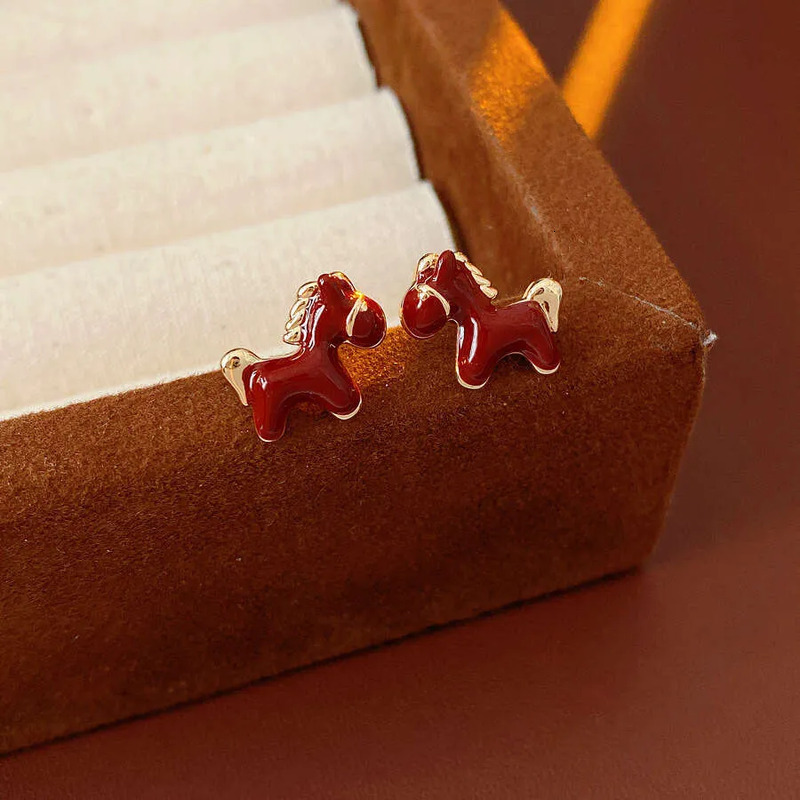Jewelry Gold Plated Horse Red Enamel Drip Vintage Stud Earrings For Women Dainty Designer Animal Hypoallergenic Elegant Gift