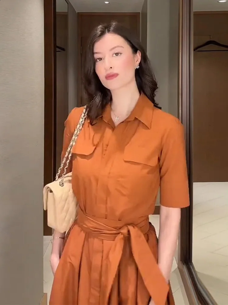 Fashion Pleated Waistband Long Dress Women Lapel Short Sleeve A-line Maxi Shirt Dresses Summer Lady Casual Street Outfit 260312 - view 6