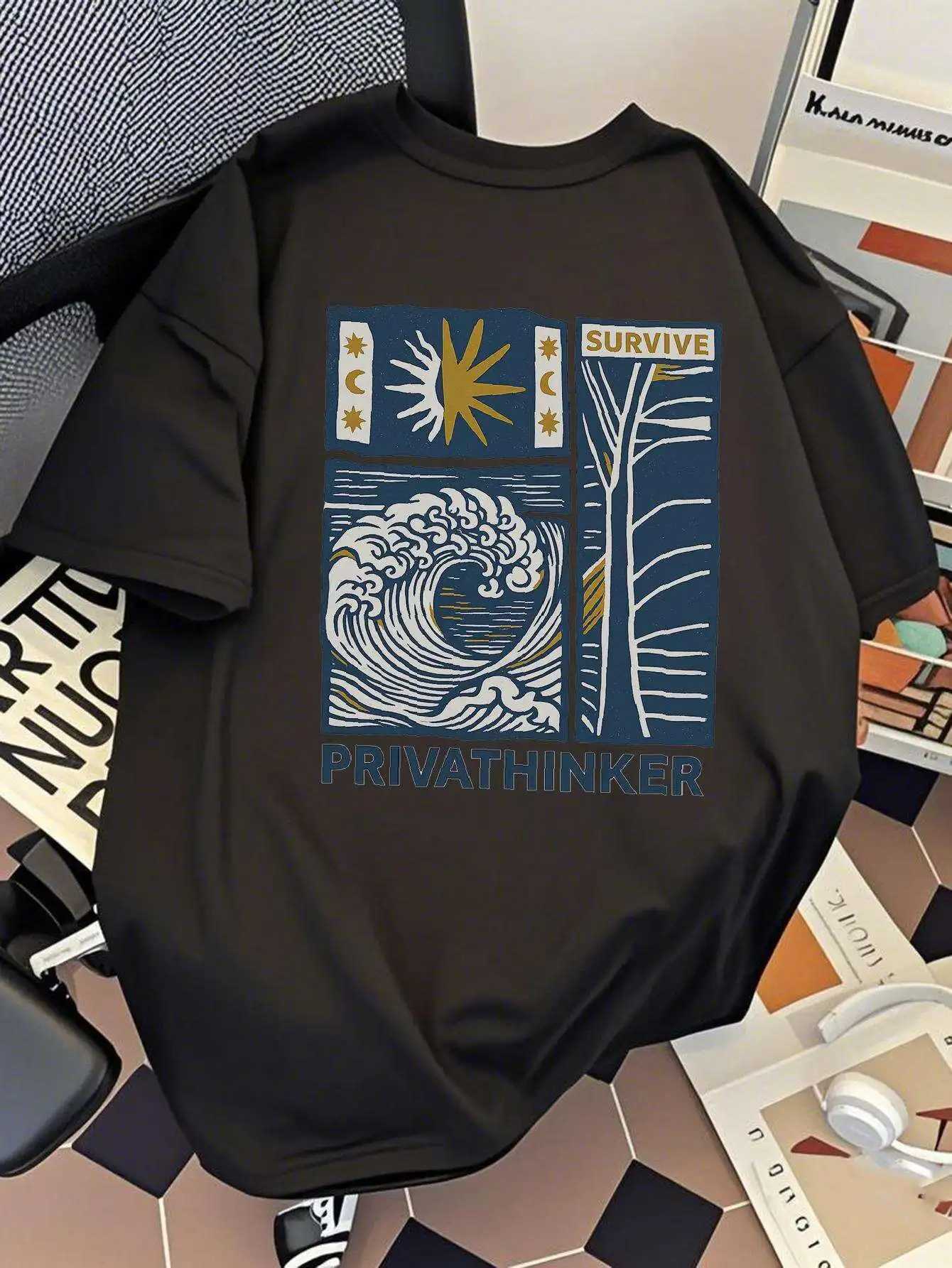 New Summer Men Loose T-shirt with Japanese Waves and Sun Patterns 100 Pure Cotton Versatile and Trendy Fashionable Comfortable M260317