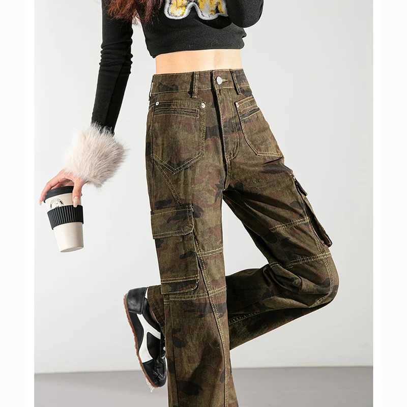 2026 Lady High Waist Camouflage Flared Jeans Hot Sale s Retro Thin Straight Leg Pants Women Fashion Denim Trousers M260317