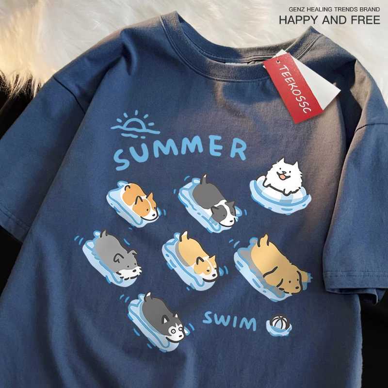 Fun Cat And Dog Swimming Japanese Style T-Shirt Female Casual Loose T-Shirts Summer Cotton Tops Fashion Breathable Tee Clothing M260317
