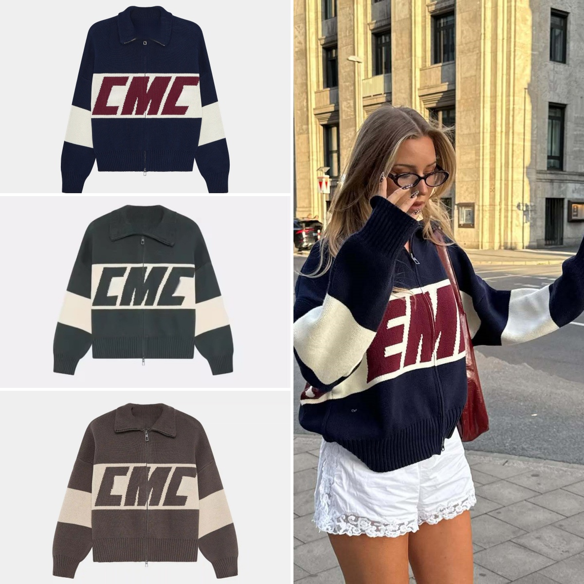 Designer Sweater Women High Neck Zip-Up Knit Sweater Color Block Letter Print Loose Fit Retro American Style Streetwear Daily Outfit 2026 Trendy Versatile