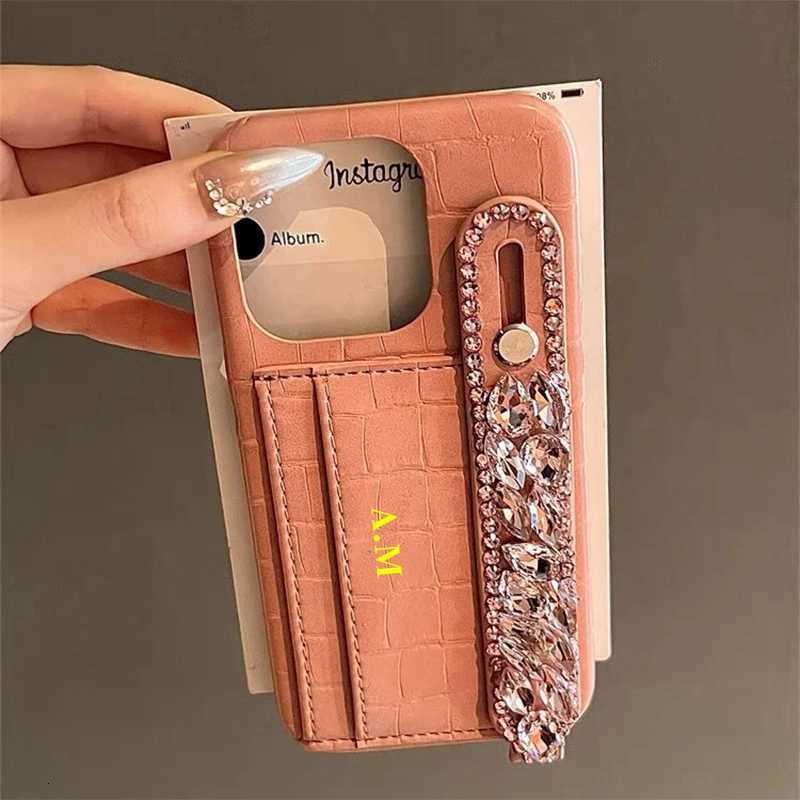 crocodile skin leather phone case cust Name for iPhone12 13 14 15 16Prax 16plusanti-fall card holder wristband diamond C260314