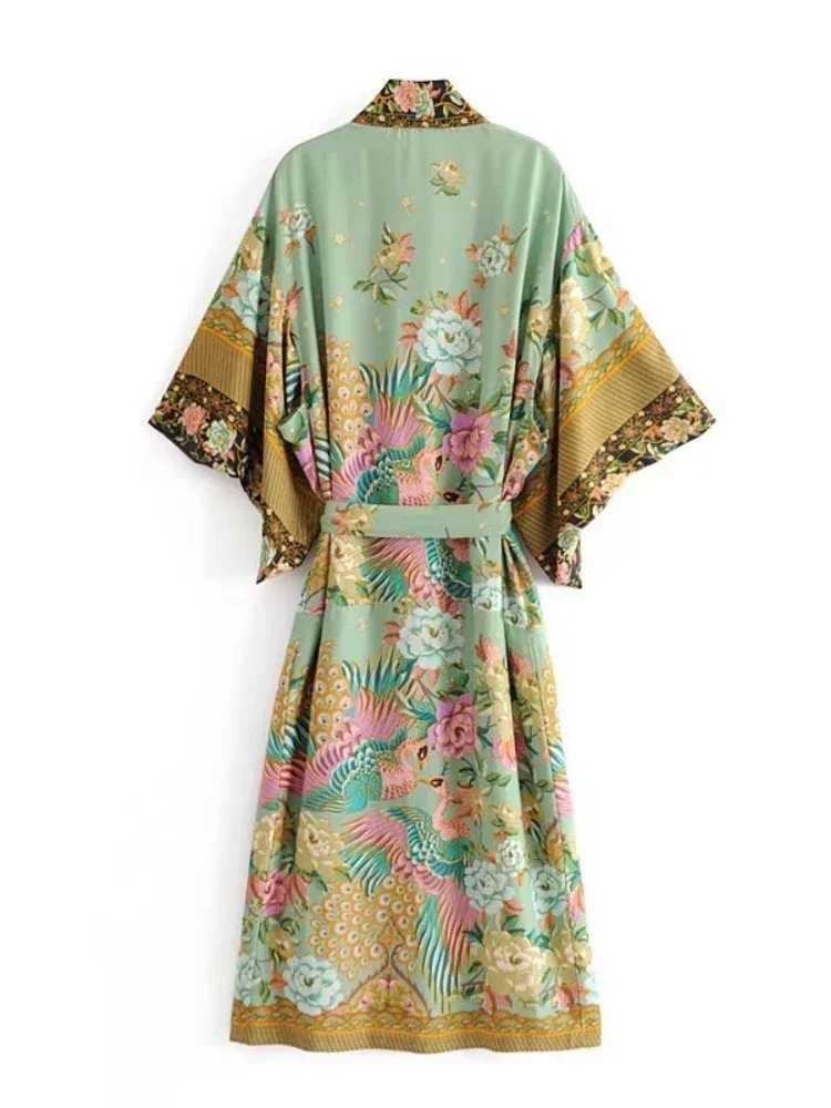 Peacock Floral Print Bat Slve Beach Bohemian Kimono Robe for Women Ladies Beachwear Summer Dress Bikini Boho Cover-ups X260316