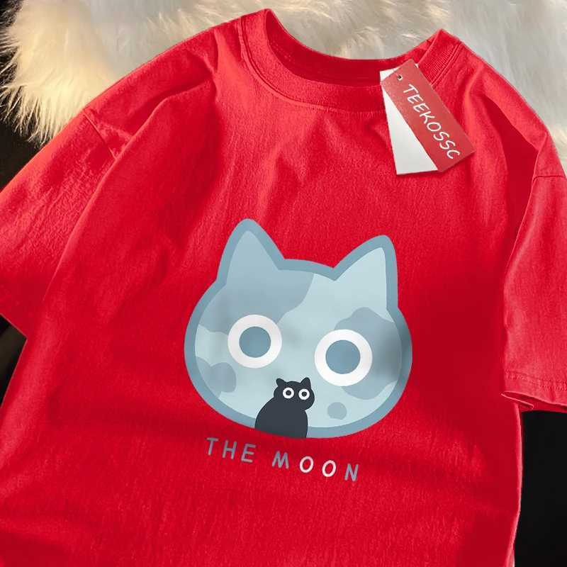 The Moon Blue Cat Fun Japanese Style Men Women T-Shirts Cotton Oversized Short Sleeve Shirt Loose T-Shirt Breathable Casual Tops M260317
