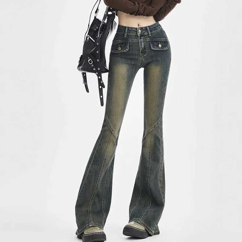 Woman High Waist Elastic Spliced Wide Leg Jeans Female Vintage Slim Fit Flare Pants Lady Blue Black Grey Denim Trousers Big Size M260317