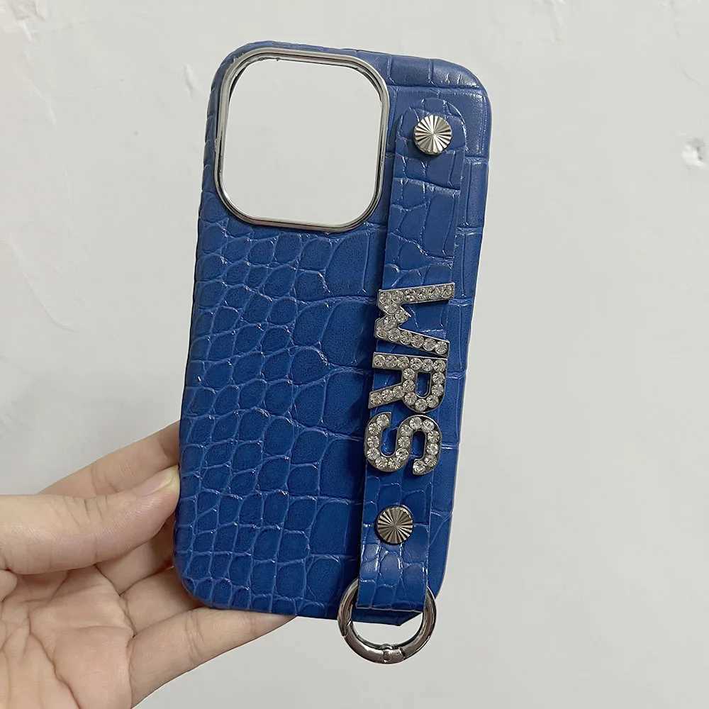 Holding Strap Personalised Cust Name Silve Metal Letters Leather Phone Case For Iphone 14 13 12 11 Pro Max 16prax Cover C260314