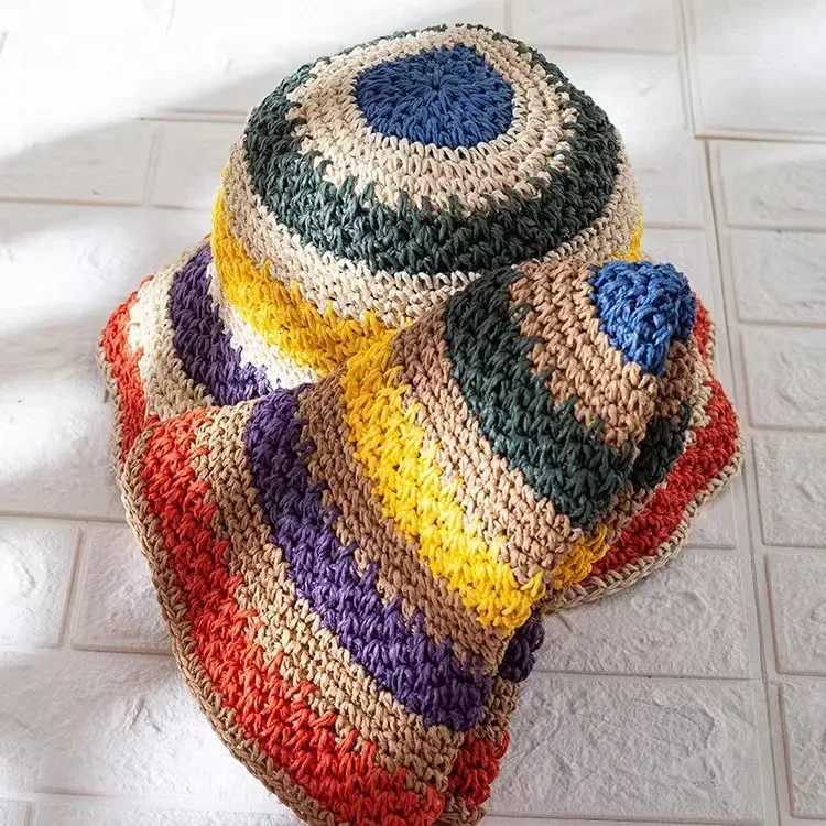 Rainbow Sun Hat Women Summer Striped Crochet Beach Bucket Hat Women Crochet Foldable Panama Hat Female Beach Sun Visor Cap H260317 - view 5