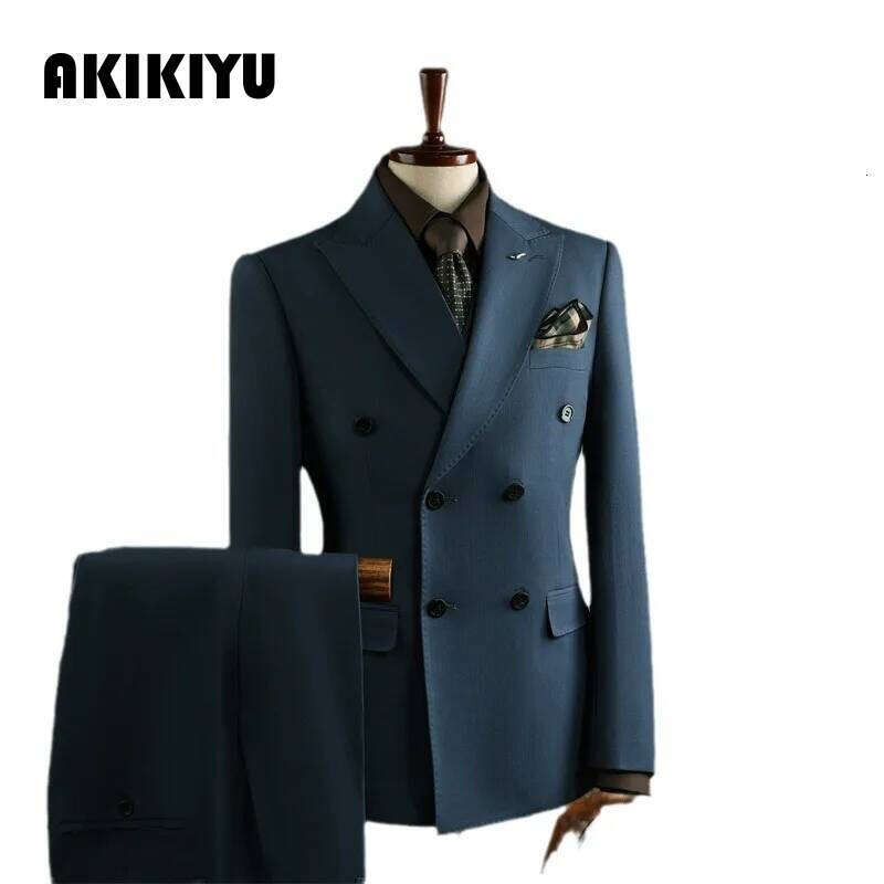 High Quality Mens Formal Business Slim Fit Double-Breasted Striped Suit Set Groom Wedding Dress Party Tuxedo Men's Clothing AKIKIYU