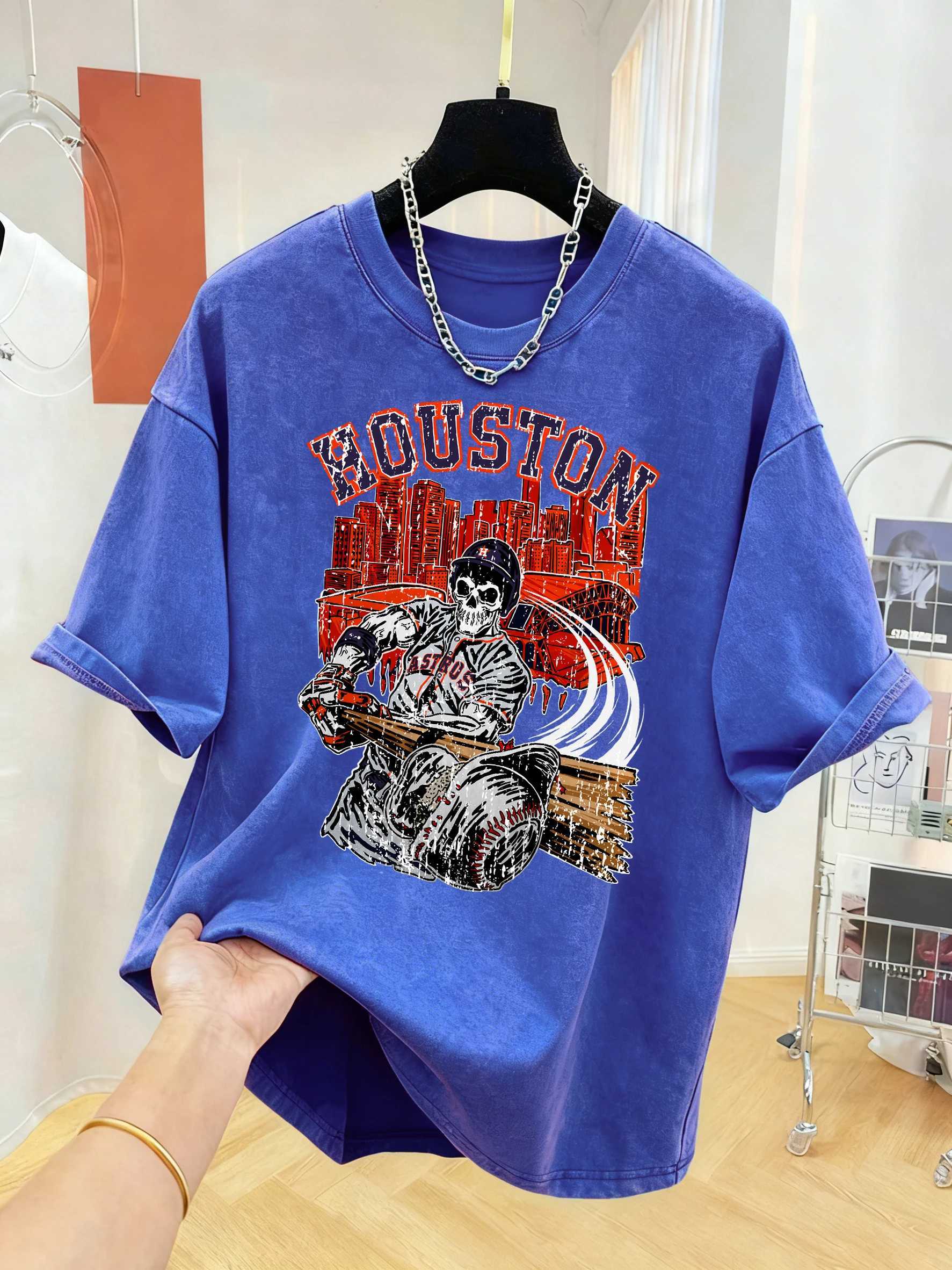 Houston Skeleton Pattern Male Sport Washed T Shirts Cotton All-Match T-Shirt Loose Crewneck Short Sleeve Street Comfy Streetwear M260317