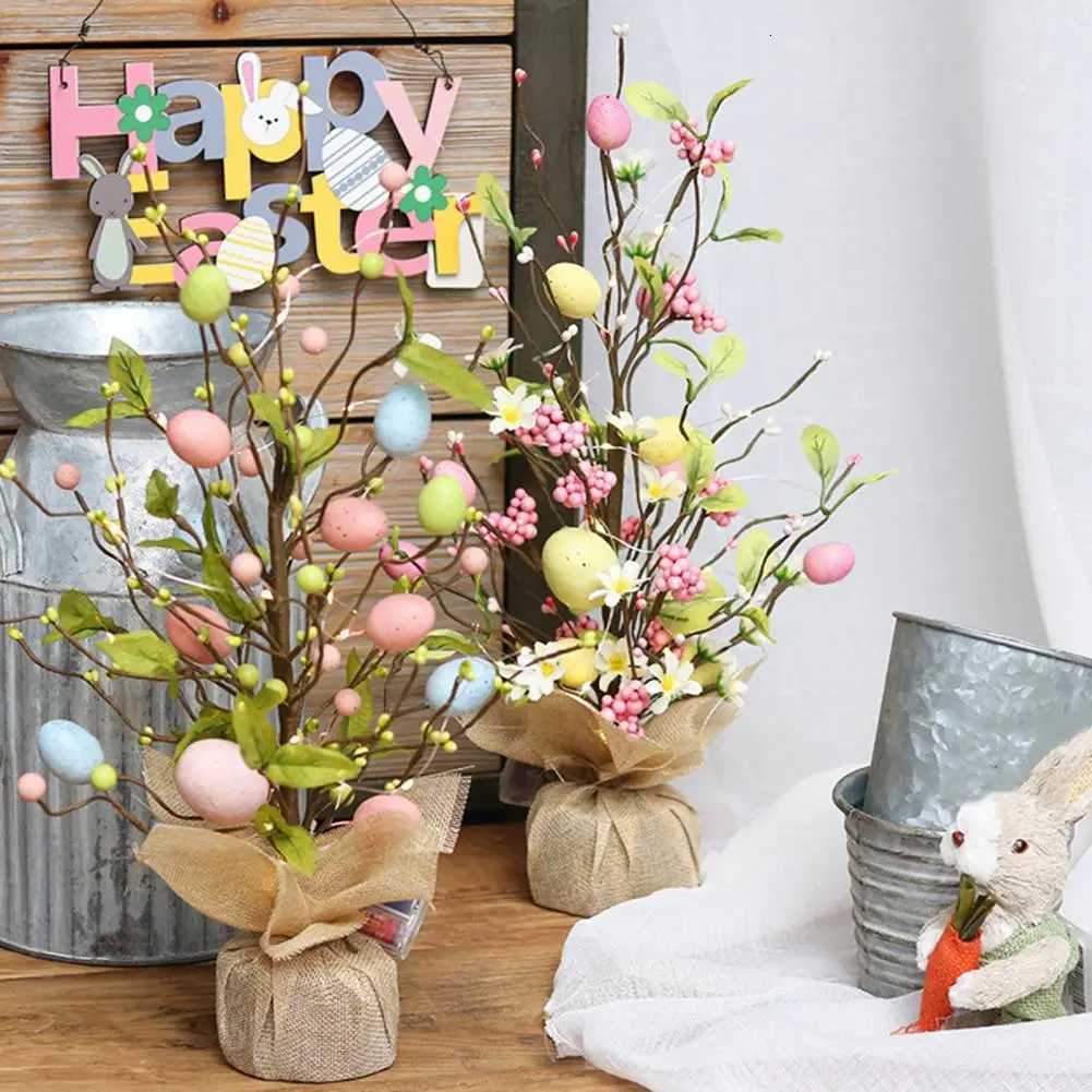 Pre-lit Easter Egg Tree with Burlap Base Battery Powered Easter Birch Tree with LED Light for Home Table Spring Party Decoration H260316