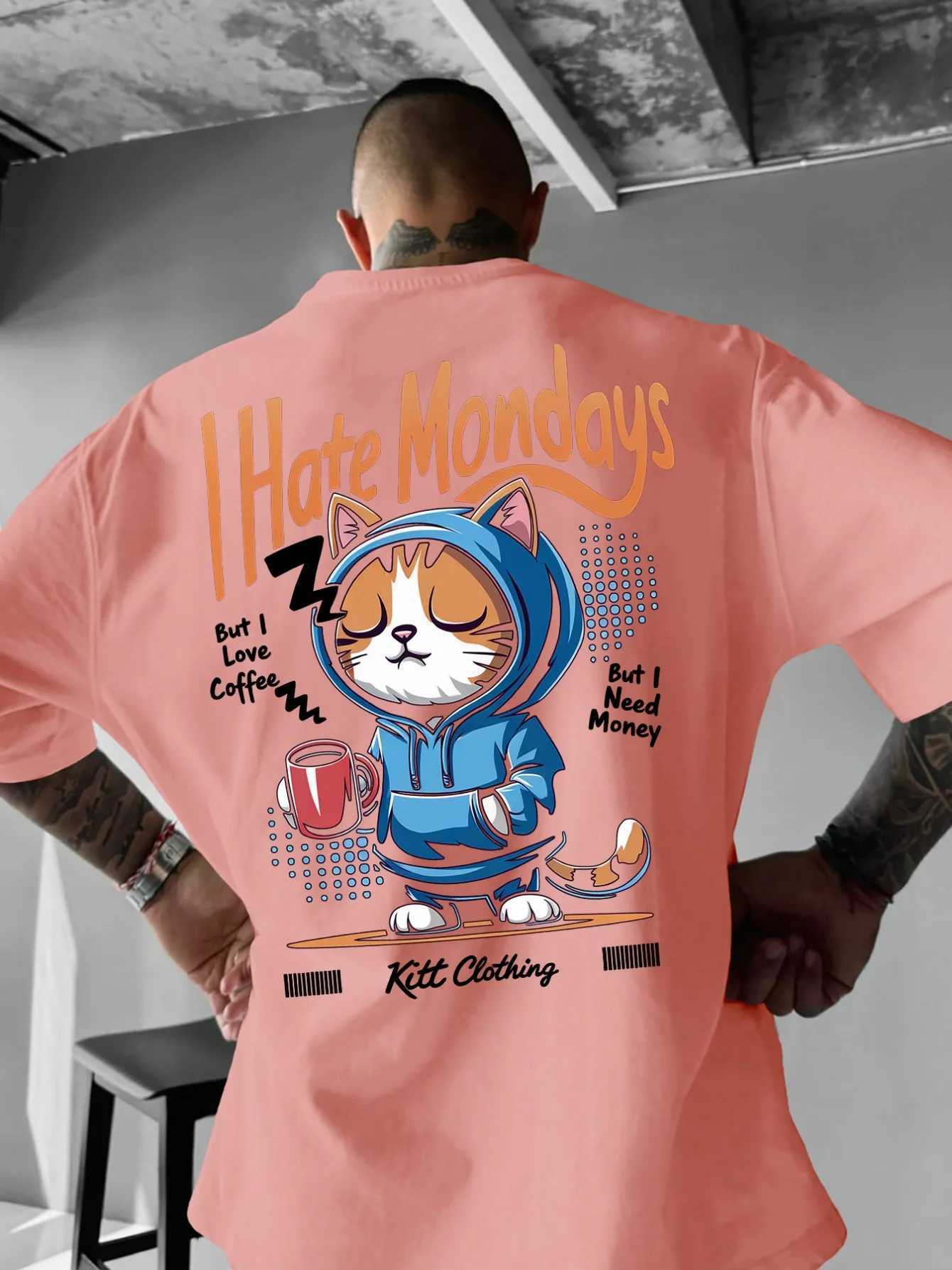 Men Summer Fun Cat Letter Pattern T-shirt 100 Pure Cotton Soft Material Trendy Fashionable Versatile and Suitable for Daily Use M260317