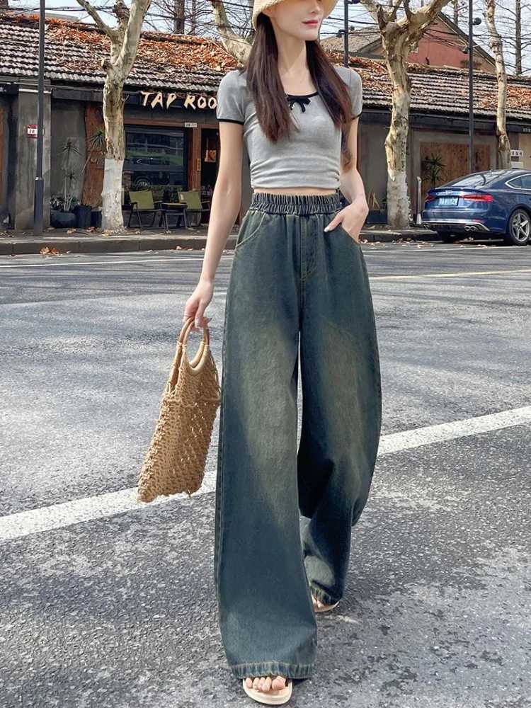 2026 Spring Summer Women Jeans Vintage Washed Spliced Elastic Waist Loose Female Tide Full-Length High Waist Wide Leg PantsT260317