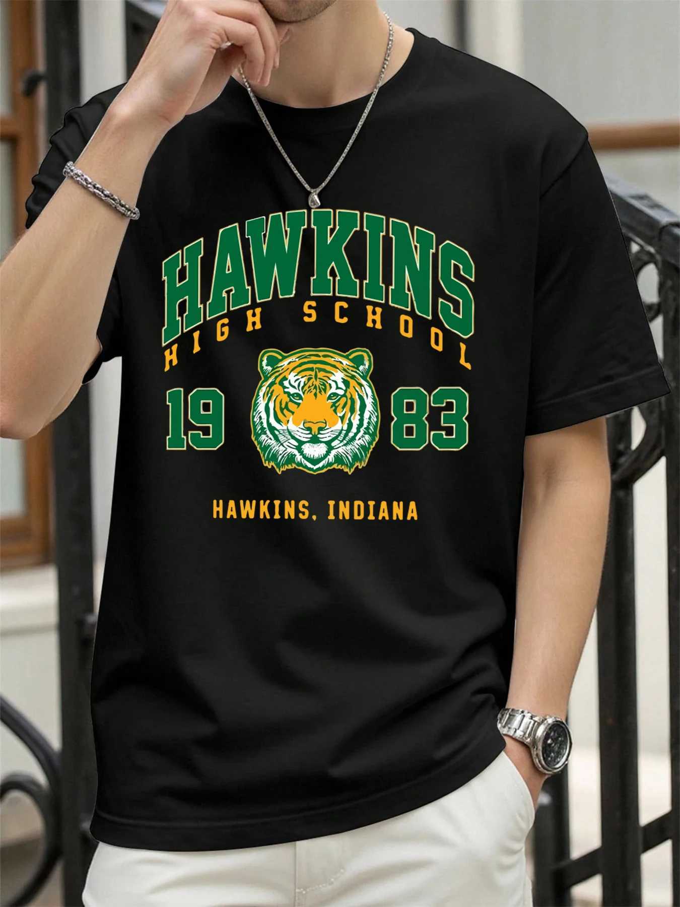 Hawkins 1983 Mighty Tiger Prints Mans T Shirts All-Match Cotton T-Shirt Loose Summer Clothing Oversized Crewneck Sportswear M260317