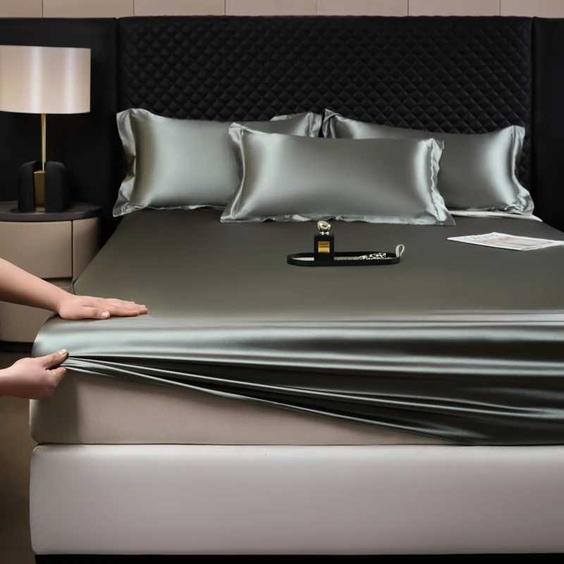 Solid Color Fashion Satin Fitted Sheet Rayon Mattress Cover with Elastic Band Bed Sheet for Bedding 140x200 160x200 D260317