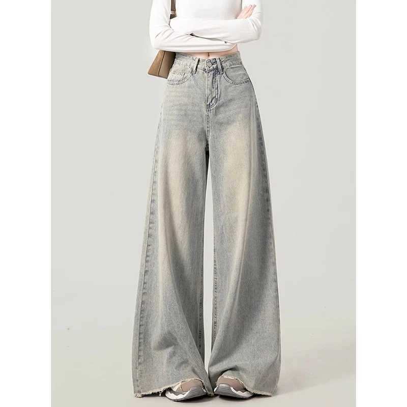 Chic Designer Lady Raw Edge High Waist Jeans Pants Women Fashion Straight Leg Denim Pants s Korean Casual Loose Trousers M260317