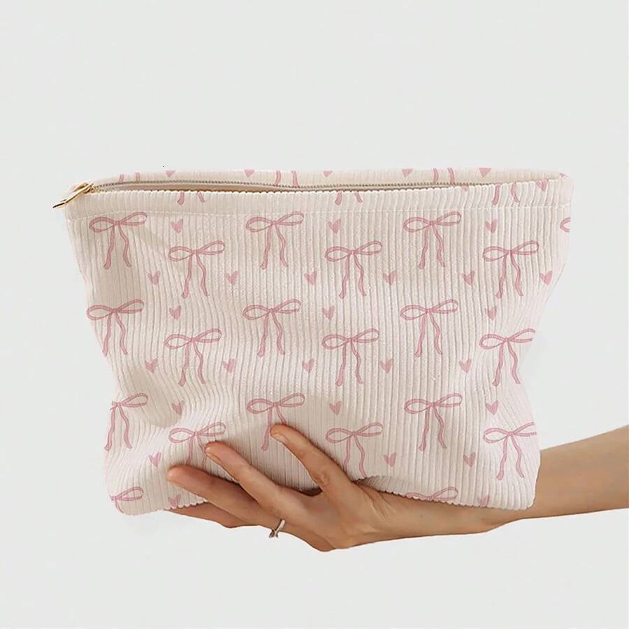 & Designed Minimally Pink Bow Pattern Printed Corduroy Zipper Makeup Bag Lightweight And Multifunctional Cosmetic Storage Bag