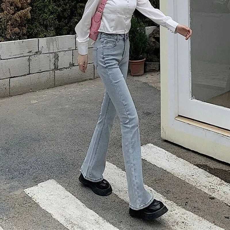 2024 Woman High Waist Vintage Flare Jeans Female Elastic Bell Bottom Pants s Black Brown Deep Blue Light Blue Denim Trousers M260317
