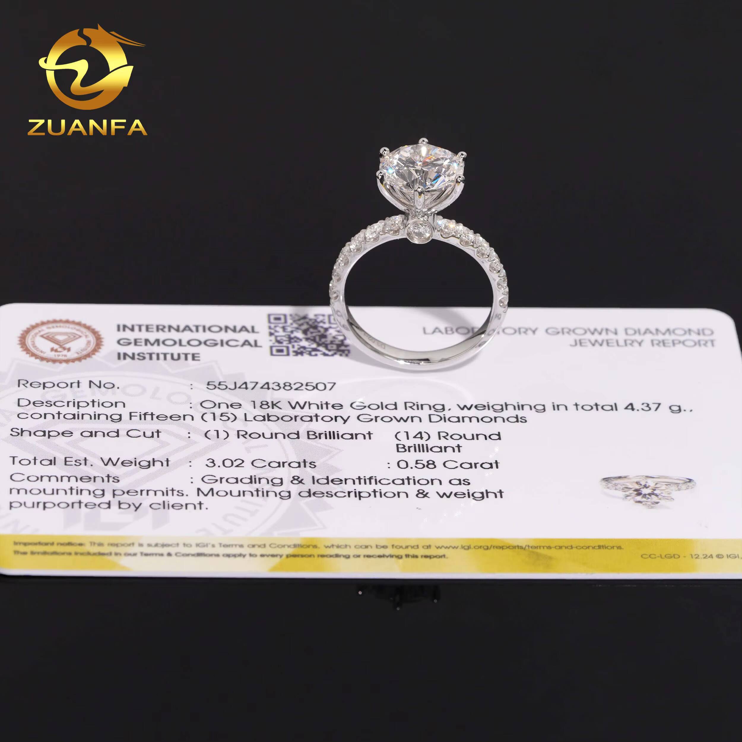 IGI Certificate Fine Jewelry Women Fashion 3 Ct Lab Grown Diamond VVS Engagement Wedding Ring in 18K Gold
