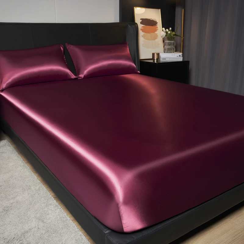 1Pc Satin Fitted Sheet Solid Colour Twin Full Queen Ice Silk Mattress Cover Natural With Elastic Band Bed Sheet No Pillowcase D260317