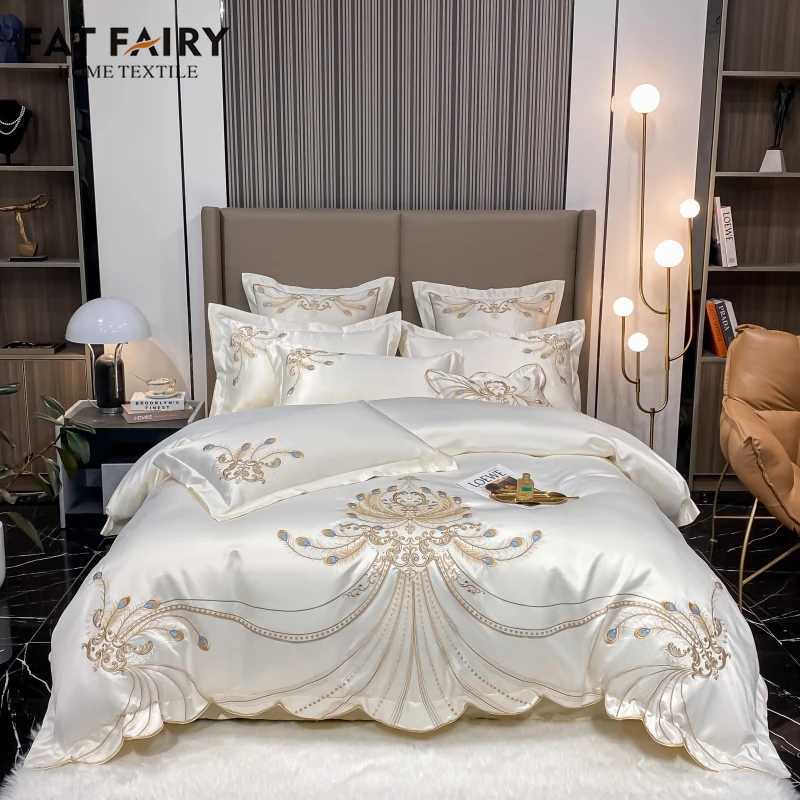 Luxury Gold Feather Embroidery Egyptian Cotton Champagne/Light Yellow Patchwork Duvet Cover Bed Sheet Pillowcases Bedding Set D260317