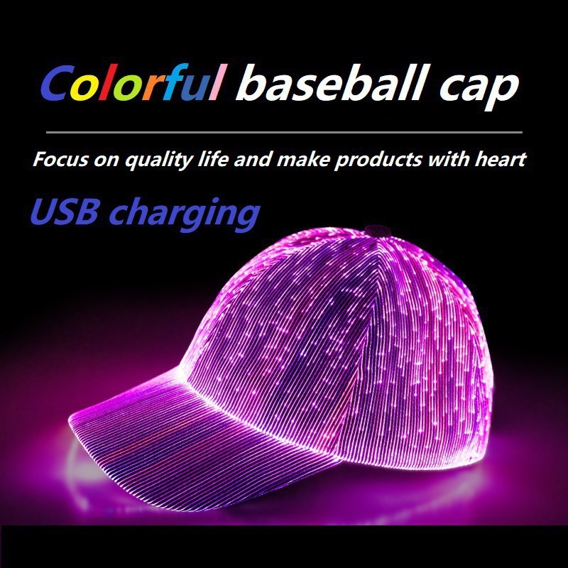 Fiber Optic Glowing Hat for Men and Women, Night Out Adult Hat, Round Top Brim, Multicolor LED Light Source Colorful