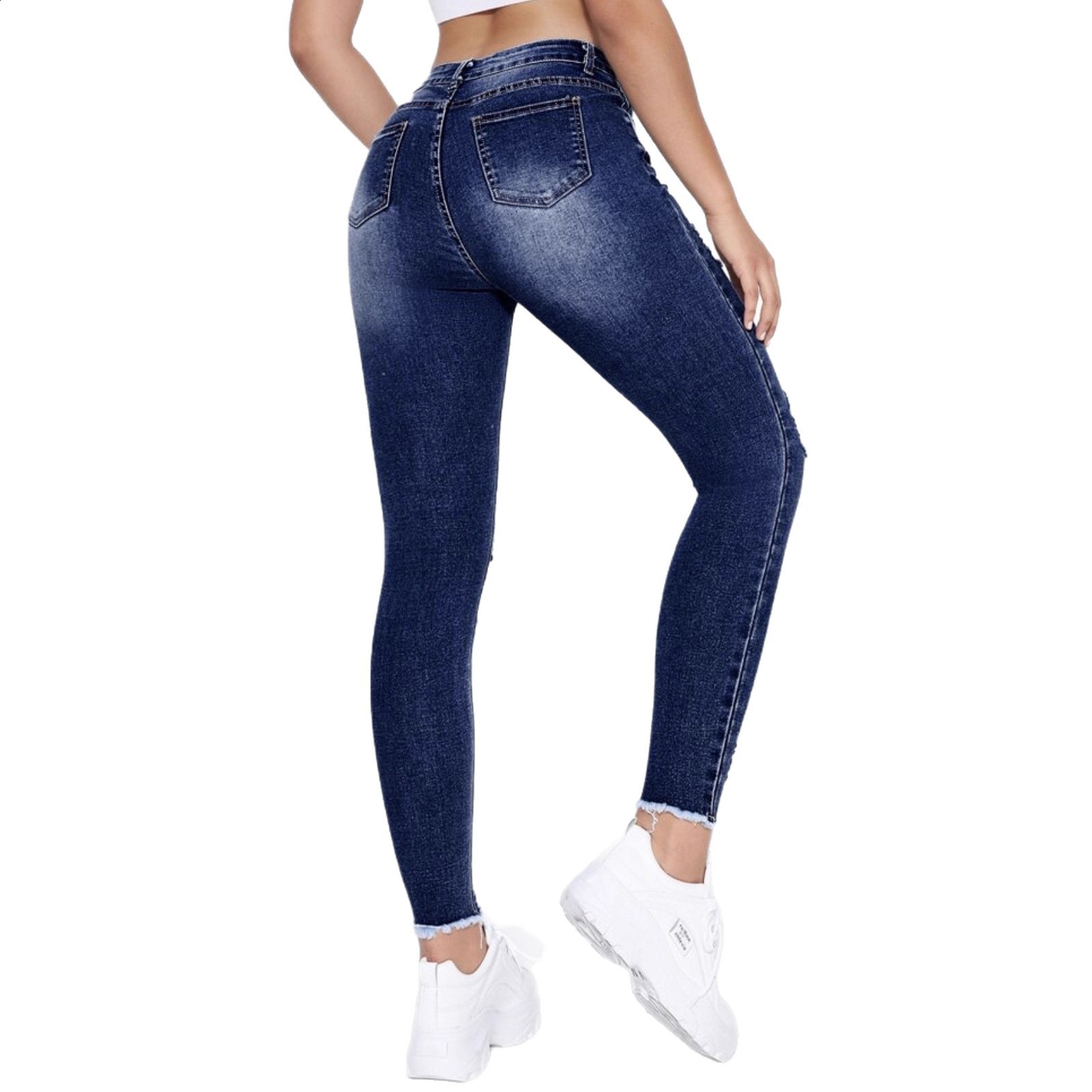 Blue Ripped Holes Skinny Jeans Slim Fit High Stretch Distressed Tight Jeans Womens Denim Jeans Clothing 241107