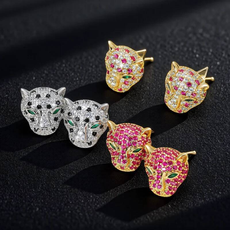 Leopard Domineering Head Stud Earrings For Women Men Gold Silver Color Rose Red White Zircon Hiphop Bar Big Ear & Studs Jewelry