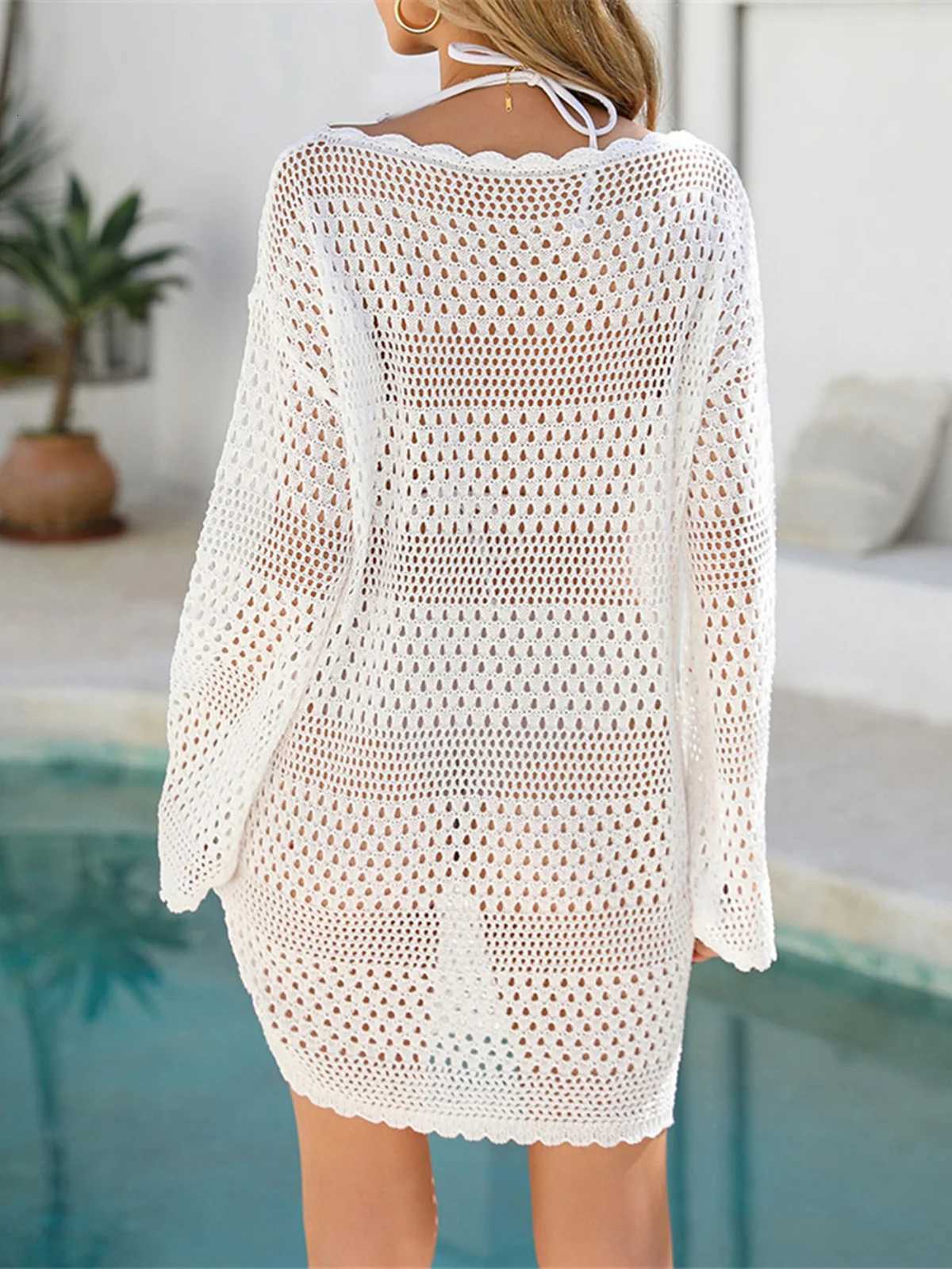 S- XL Beach Wear Beachwear Female Women Hollow Out Long Slve Crochet Knitted Tunic Beach Cover Up Cover-ups Beach Dress M30 X260316