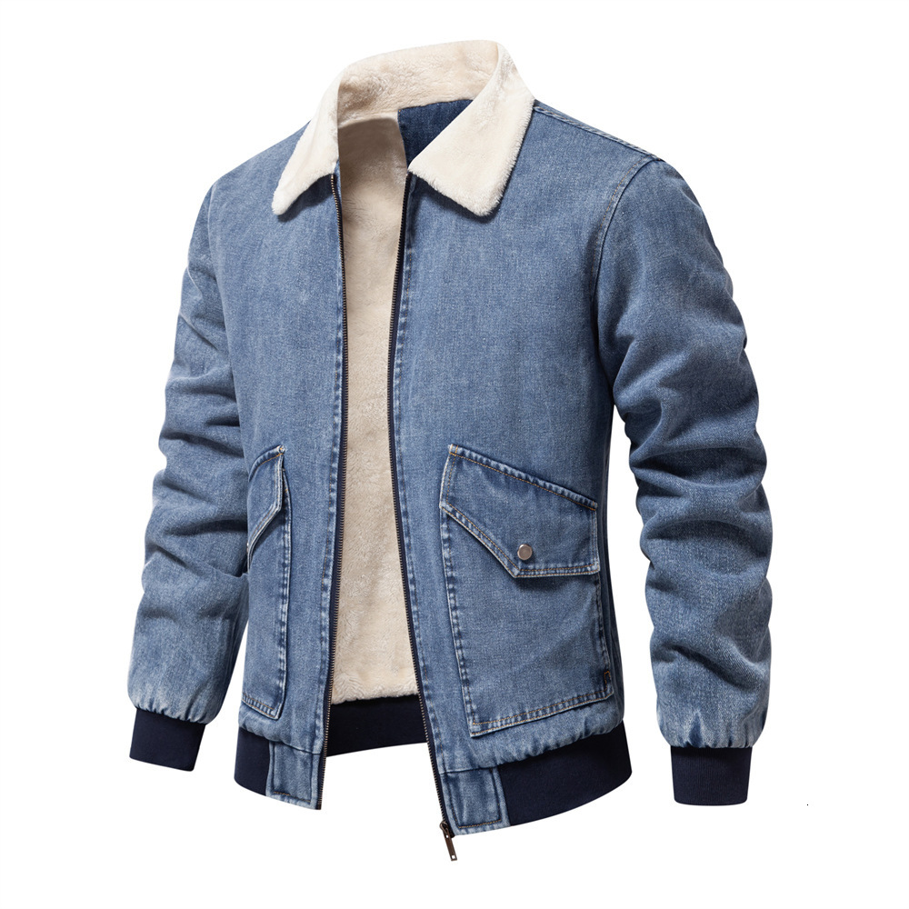 Autumn Winter Hoodie New Fleecelined Denim Polo Jacket Casual Washed Men's Denim Top Thickened Shirt Men's Cotton Jacket