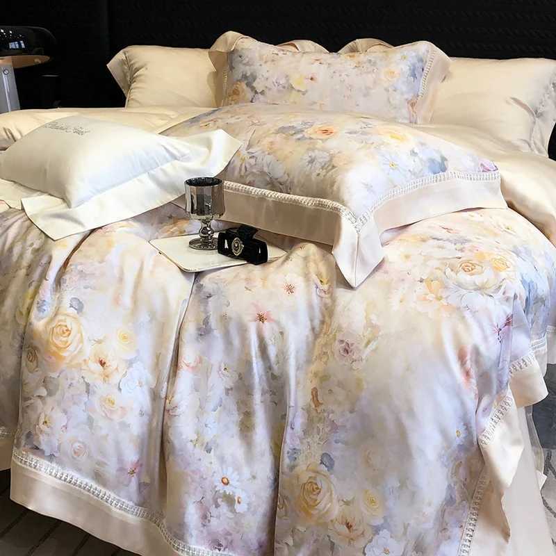 800TC Lyocell Bamboo Fiber Soft Silky Cooling Bedding Set Flower Prints Duvet Cover Set Bed Sheet/Fitted Sheet Pillowcases 4Pcs D260317