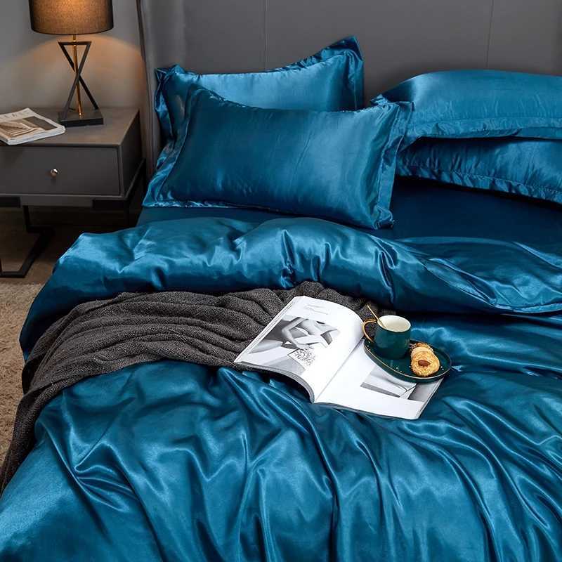 Solid color 3/4PCS fitted sheet bedding set Washed ice silk flat bedsheet Duvet cover pillowcase Quilt cover sets twin king size D260317