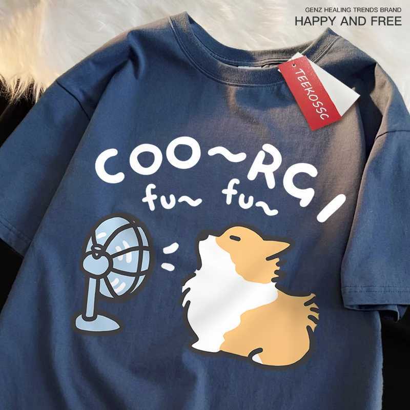 Wind Blowing Corgi Dog Fun T-Shirts Men Women Brand Loose Casual Short Sleeve Summer Tshirt Soft Breathable Cotton Brand Tops M260317