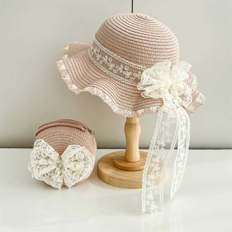 Lace Bow Straw Hat With Bags 2pcs Set For Girl Wide Brim Vacation Cap Summer Kids Baby Outdoor Beach Sunscreen Sun Hats H260317 - view 3