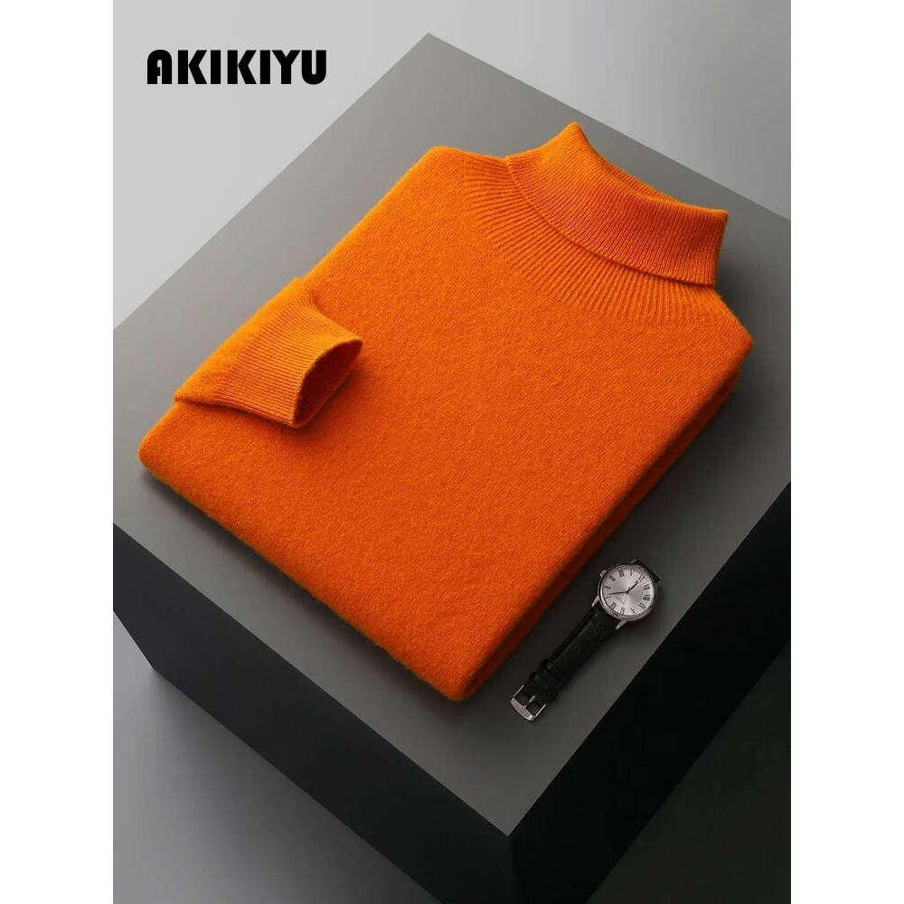 Autumn Winter Men's Sweater Turtleneck Long Sleeve Pullover Smart Casual 100% Merino Wool Knitwear Soft Warm Jumper Clothes AKIKIYU