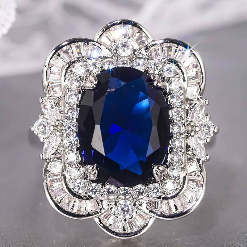 T0998 Flower Cocktail Ring 18K Solid Gold Sapphire Oval Cut Prong Setting Womens Engagement Fine Rings