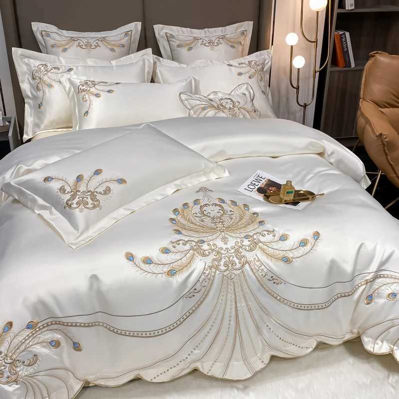 Luxury Gold Feather Embroidery Egyptian Cotton Champagne/Light Yellow Patchwork Duvet Cover Bed Sheet Pillowcases Bedding Set D260317