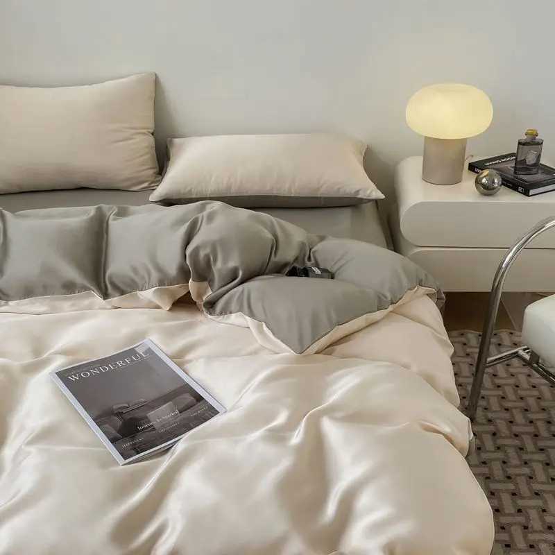 Summer Bedding Set Luxury Ice Silk Four Piece Set Washed Silk Bed Sheet and Quilt Cover Set Summer Cool Feeling Soft Smooth D260317