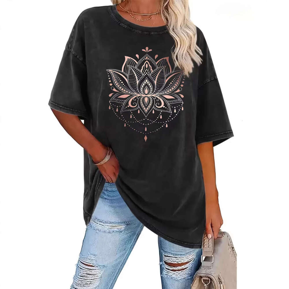 European American Cross-Borr Women's T-Shirts, Pure Cotton, Washed And Distressed, Mandala Print, Summer Short-Sleeve Women, In Stock For Foreign