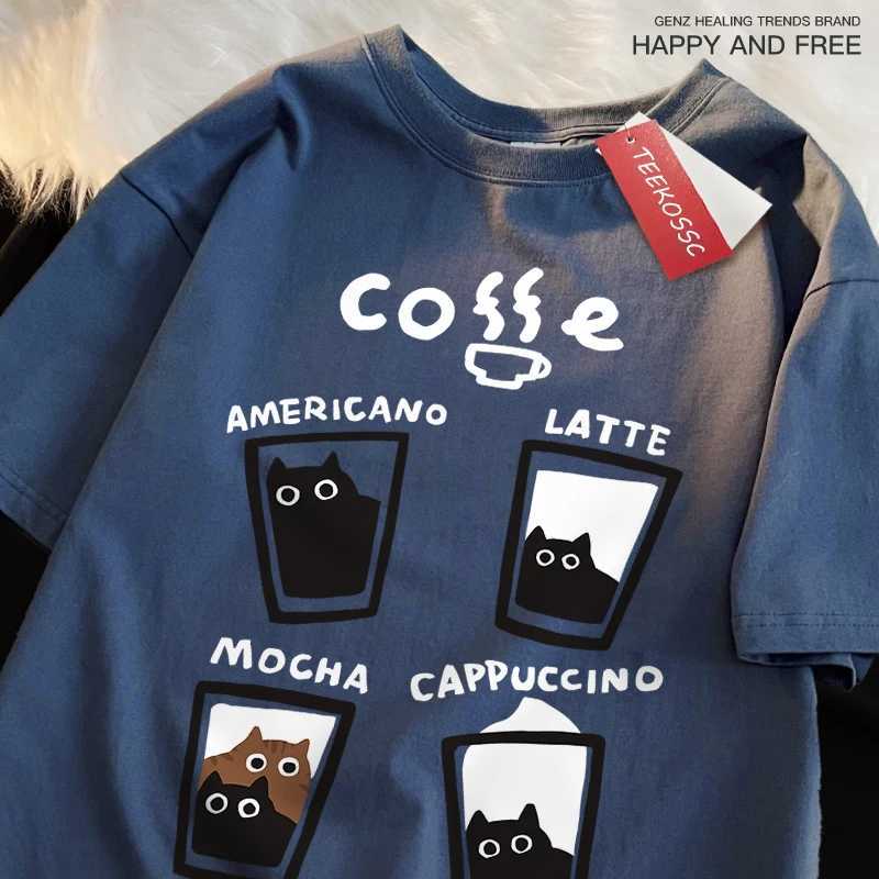 Fun Coffee Cat Japanese Style Men Women T-Shirts Oversize Tshirt Breathable Loose Short Sleeve Tee Clothes Cotton Streetwear M260317
