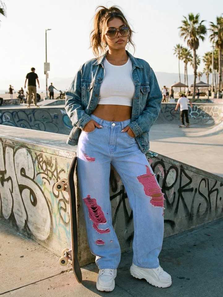 5-Pack Womens Distressed Peach-Colored Chiffon Wide-Leg Long Pants Non-Stretch Fabric Fashionable plus Size Casual TrousersT260317