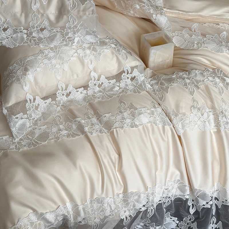 Romantic White Flowers Lace Princess Wedding Bedding Set 100S Egyptian Cotton Duvet Cover Flat/Fitted Bed Sheet Pillowcases 4Pcs D260317